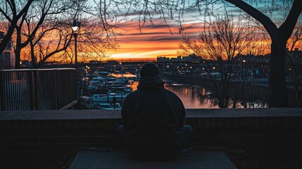 Fototapete - A person sits peacefully, watching a vibrant sunset over a marina.