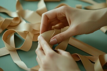 Poster - A person delicately handling beige ribbons on a green surface, focusing on crafting.