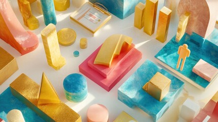 Aufkleber - A colorful arrangement of geometric shapes and figures, representing a creative workspace.