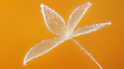 Poster - A delicate leaf with water droplets against an orange background.