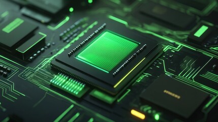Aufkleber - A close-up of a green-lit microchip on a circuit board, showcasing technology design.