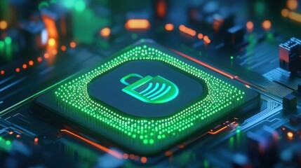 Aufkleber - A digital circuit board featuring a secure lock symbol, representing cybersecurity technology.