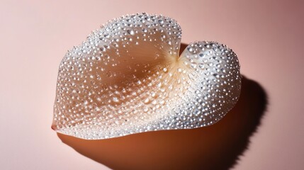 Poster - A close-up of a delicate, translucent petal with water droplets on a soft background.