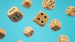 © Anisah - Wooden Dice in Mid-Air: A Playful Blue Background