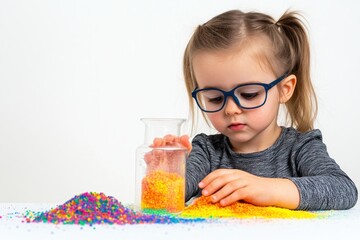 Aufkleber - A young child experiments with colorful beads, pouring and playing with them.