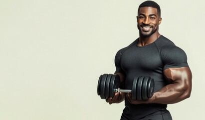 Wall Mural - A muscular individual smiling while holding dumbbells, emphasizing fitness and strength.