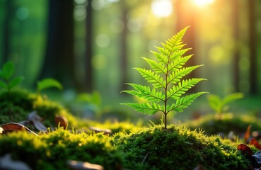 Wall Mural - Fern leaf grows in forest moss. Sunlight shines on green plant. Eco nature scene. Earth Day concept. Plant protection. Spring forest. New fern sprout. Green leaves. Nature background.