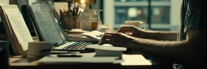 Poster - A person typing on a laptop at a desk cluttered with papers and a cup.
