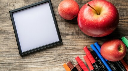 Poster - A workspace with an empty frame, red apple, and colorful markers on a wooden surface.