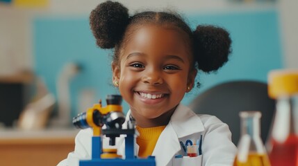 Aufkleber - A young girl in a lab coat smiles beside a microscope and colorful laboratory equipment.