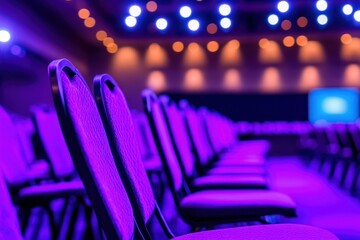 Aufkleber - A row of purple chairs set up for an event under ambient lighting.