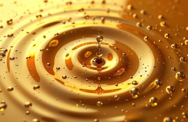 Poster - Golden liquid drop falls creating concentric circles ripples. Glossy surface reflects light. Abstract design. Luxury background. Oil water texture. Clean bright gold color. Perfect for beauty