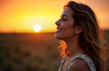 Wall Mural - Smiling woman enjoys sunset. Glamorous lady in dress. Summer vacation. Female beauty. Outdoor portrait. Golden hour sunlight. Happy model. Relaxed fashion.