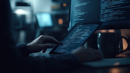 Poster - A person coding on a tablet while seated at a desk with a computer and a mug.