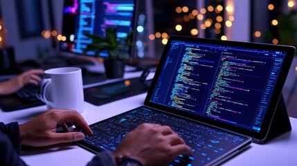 Aufkleber - A person coding on a tablet with a laptop in a modern workspace, illuminated by ambient lights.