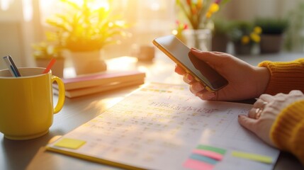 Poster - A person holding a smartphone near a calendar and a mug, with plants in the background.