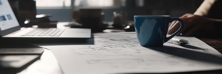 Poster - A workspace with a laptop, blue mug, and architectural plans on a table.