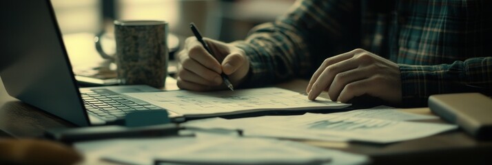 Aufkleber - A person writing notes while using a laptop and sipping coffee at a desk.