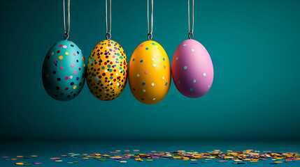 Poster - Colorful hanging Easter eggs against a teal background, surrounded by scattered confetti, creating a festive and cheerful atmosphere.