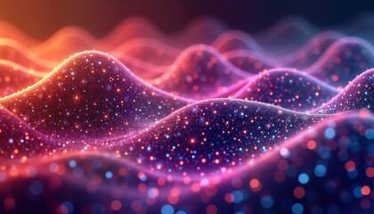 Fototapete - Abstract purple orange wave glows. Digital tech design. Futuristic background. Cyber space. Neon pattern. Music equalizer. Data network. Virtual connection. Trendy wallpaper. Bright surface