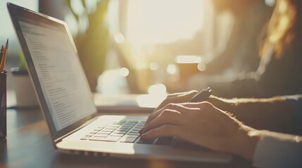 Aufkleber - A person typing on a laptop in a sunlit workspace, conveying productivity and focus.