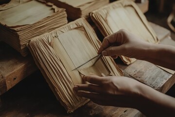 Aufkleber - Hands crafting intricate designs on layered materials, showcasing artisanal skill.