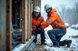 © Pete - Two construction workers wear hard hats orange jackets. They work outside in winter snow. Men check building frame. Teamwork on house construction site. Cold weather building project.