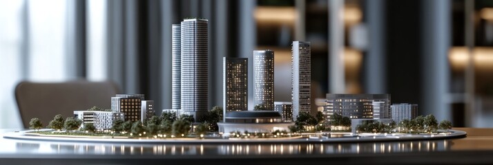 Leinwandbilder - A detailed architectural model of a modern urban development with skyscrapers and green spaces.
