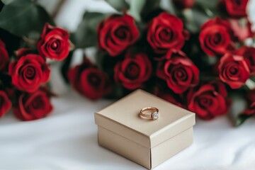 Wall Mural - a box with a ring, next to a bouquet of luxurious red roses, photo, on a white background 