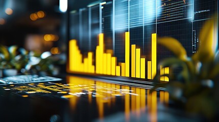 Leinwandbilder - A digital display showcasing data visualization with yellow bars and greenery.