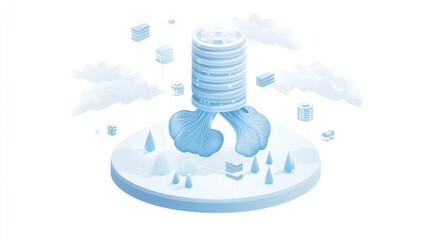 Aufkleber - A stylized illustration of a data server launching, surrounded by clouds and abstract elements.