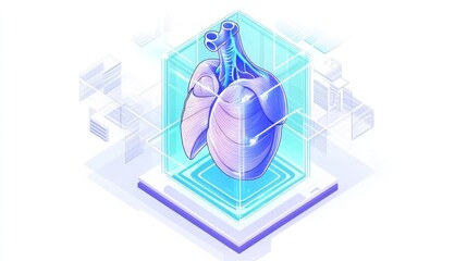 Poster - An illustrated 3D model of a human lung in a digital environment.