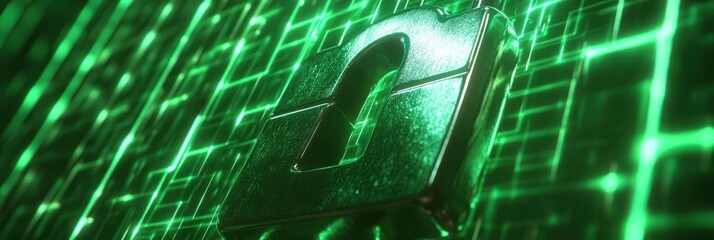 Poster - A glowing padlock symbol set against a digital green background, representing cybersecurity.