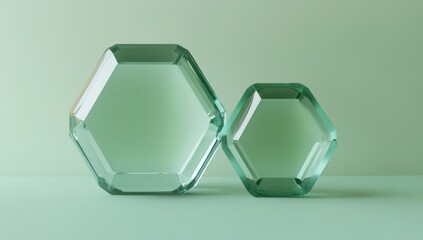 Fototapete - Two hexagonal glass objects in varying sizes, reflecting light against a soft green background.