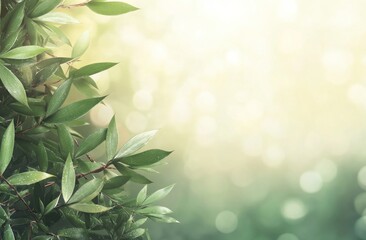 Poster - A serene background featuring lush green leaves with a soft, blurred light effect.