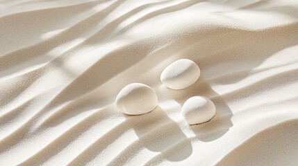 Aufkleber - Three white eggs resting on a smooth, sandy surface, creating a serene composition.