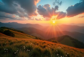 Wall Mural - Sunrise paints Carpathian mountains orange yellow. Green grass meadow wildflowers. Scenic summer landscape nature sunlight. Travel Ukraine rural farm field.