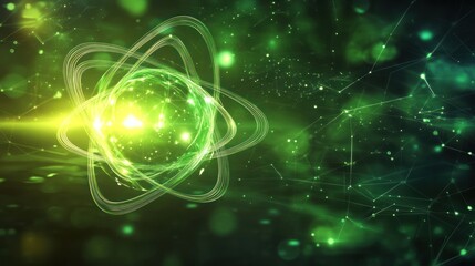 Aufkleber - A digital illustration of an atom surrounded by glowing particles and energy waves.