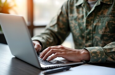 soldier uses laptop. military man works on notebook computer. army person types on keyboard. person 