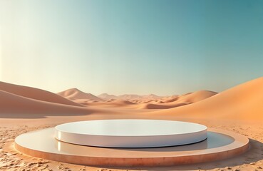 white circular podium desert landscape. product display platform dunes background. modern marketing 