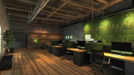 Aufkleber - Modern office space with wooden floors and green moss accents, designed for productivity.