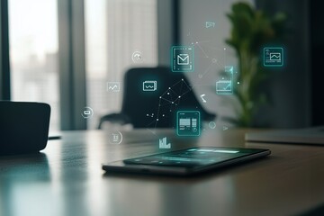 Smartphone with banking app interface and glowing network icons in modern business office background