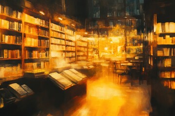 Aufkleber - A warm, inviting library filled with books and soft lighting.