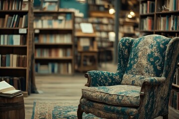 Aufkleber - A cozy reading nook in a library with a vintage armchair and shelves of books.