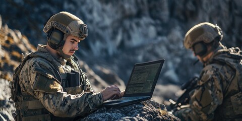 Soldier Uses Laptop In Mountainous Terrain