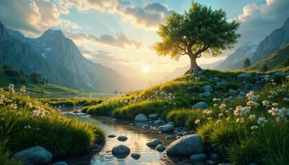 Wall Mural - Serene landscape tree near lake in mountains. Sunset light. Green grass flowers. Calm water stream. Eco nature scene. Perfect for eco travel tourism. Global warming concept. Planet Earth image.