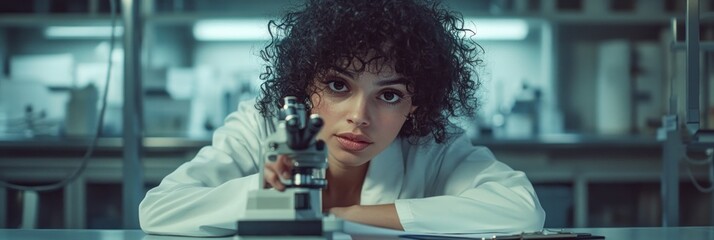 Poster - A focused scientist examines samples with a microscope in a laboratory setting.