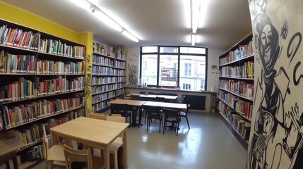 Aufkleber - A cozy library space with bookshelves, tables, and artistic decor.