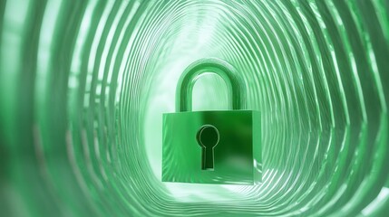 Poster - A green padlock appears within a cylindrical tunnel, symbolizing security and protection.