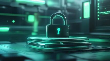 Poster - A digital padlock symbolizes cybersecurity and data protection in a high-tech environment.
